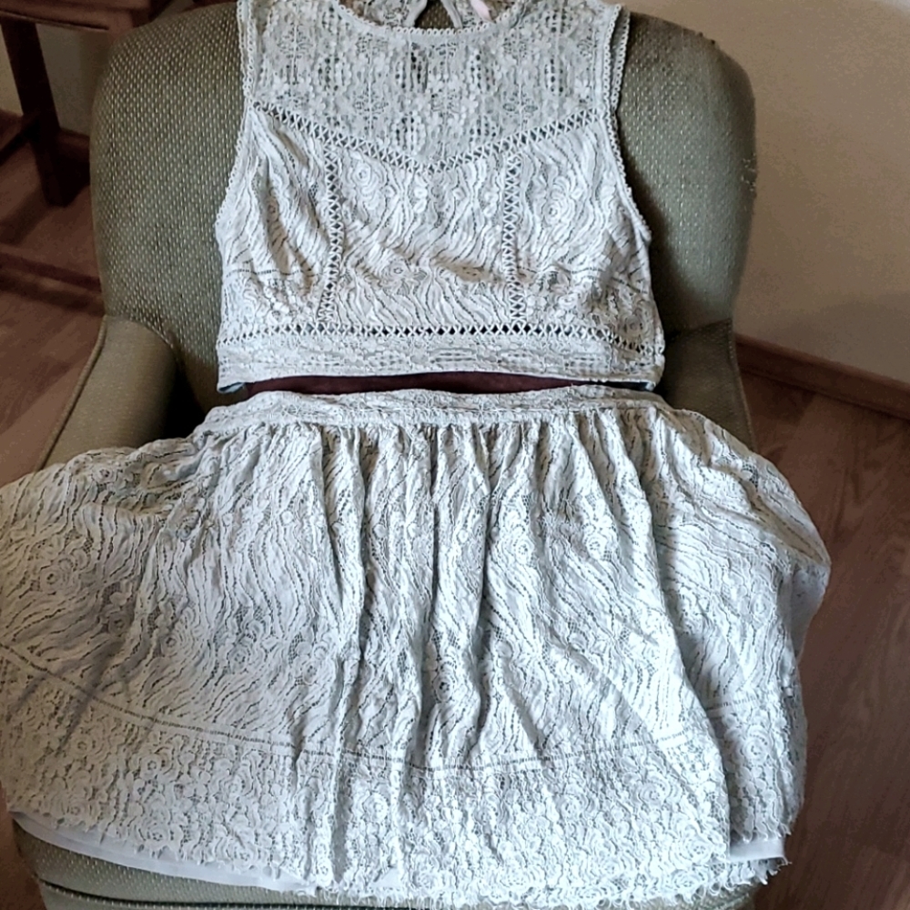 Mint Green Lace Crop Top + Skirt